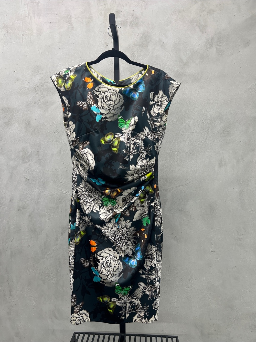 Marc Cain Black Satin Floral Sheath Dress with Multicolor Butterflies